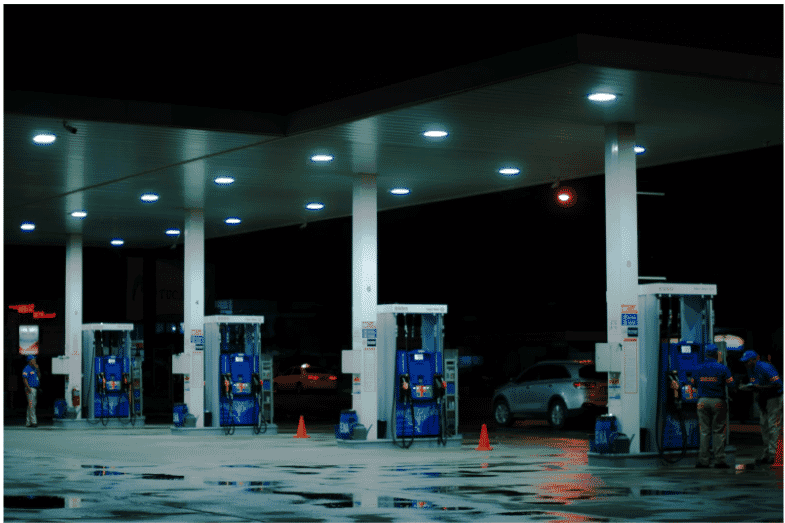 A gas station highlighting the importance of underground storage tank wiring, which ensures reliable power and signal transmission for fuel dispensing systems